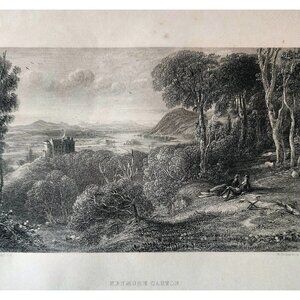 1844 Kenmure Castle Engraving Victorian Scotland Men Top Hats Landscape DWSS18